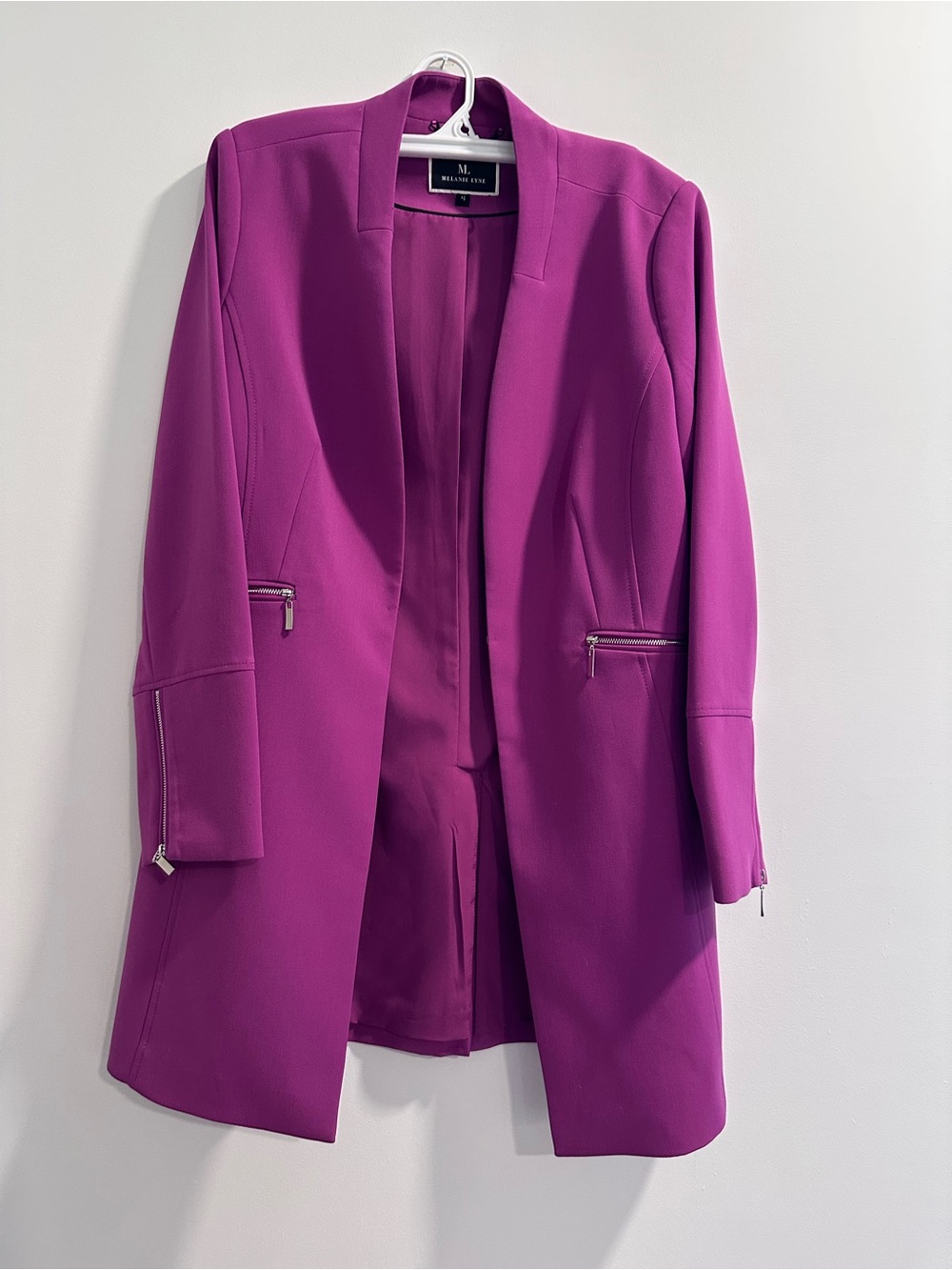 Melanie Lyne Magenta Open-Front Long Blazer with Zip Pockets